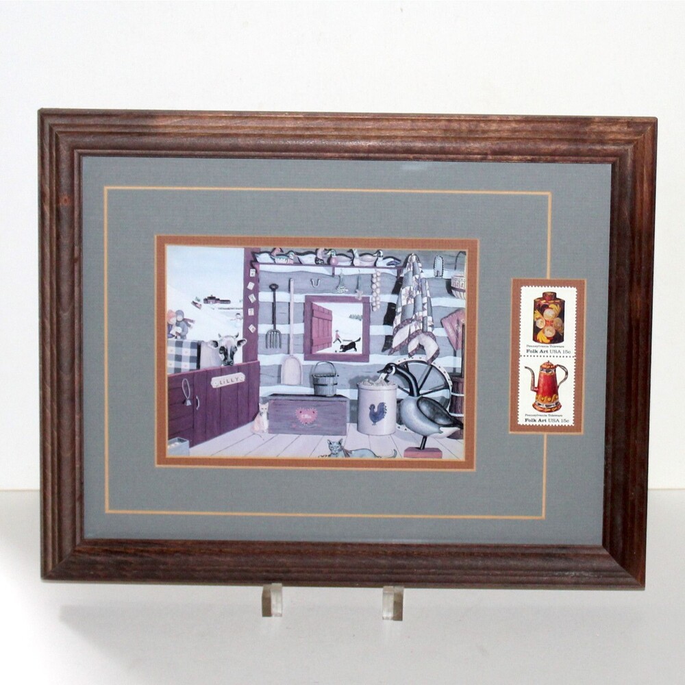 Folk Art USA USPS Stamps + Card Framed Pennsylvania Toleware decor primitive